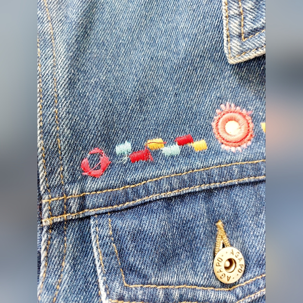 80s Boho Embroidered Mirror Denim Jacket Medium Agapo Trucker Hippie - Picture 8 of 8